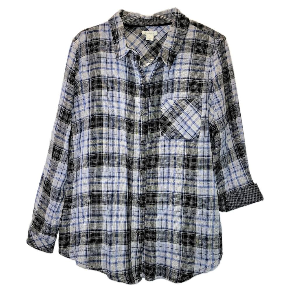 Westbound Tunic Shirt Plaid Button Down Top Long Roll Up Sleeve Black Blue L XL